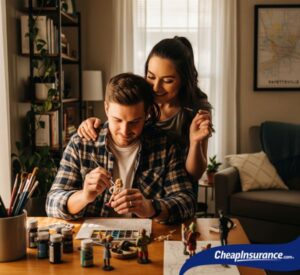 Couple painting a figurine at home, symbolizing the value of protecting personal belongings with renters insurance in Fayetteville, Arkansas.