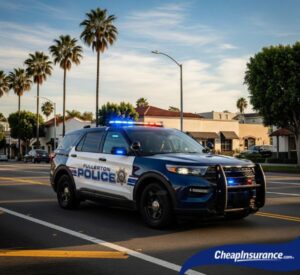 A police car patrolling a road in Fullerton, CA, symbolizing traffic enforcement that may lead to Affordable SR22 Insurance in Fullerton