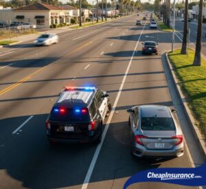 A police car driving through the city streets of La Habra, California, relevant to SR22 insurance information.