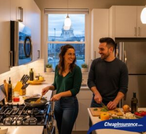 Couple cooking dinner in their Madison kitchen, representing the everyday moments and personal belongings renters insurance protects.