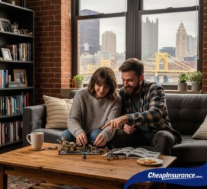 Couple building a figurine on their coffee table in Pittsburgh, representing the valuable personal belongings renters insurance protects.