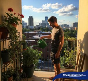 A man waters his plants on his Raleigh apartment balcony, a reminder of the valuable belongings protected by renters insurance.