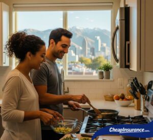 A couple cooking dinner in their Salt Lake City kitchen, representing the everyday moments and personal belongings that renters insurance protects.