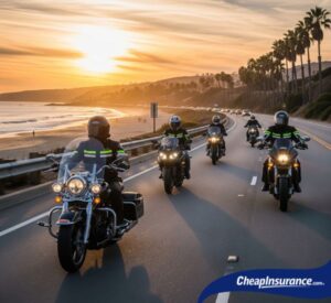 A group of motorcycle riders driving through a canyon, symbolizing the year-round riding that motorcycle insurance is designed to protect.