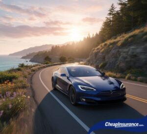 A 2019 blue Tesla Model S drives along a scenic coastal highway at sunset, illustrating a luxury vehicle often associated with specific car insurance rates.