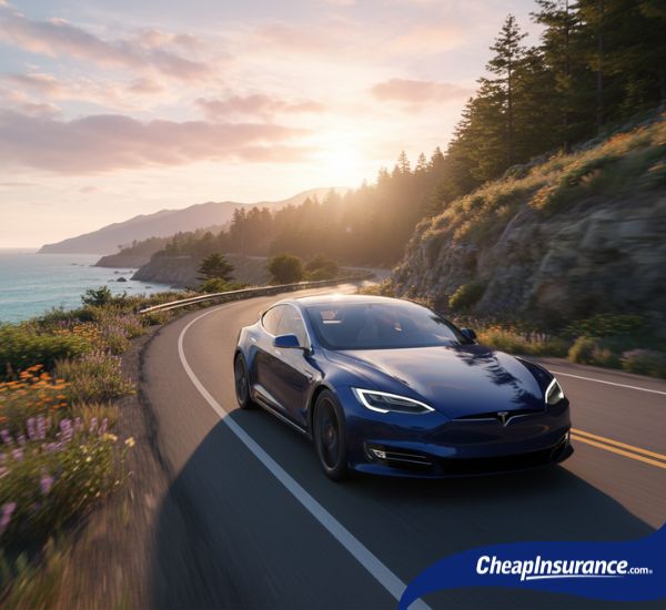 A 2019 blue Tesla Model S drives along a scenic coastal highway at sunset, illustrating a luxury vehicle often associated with specific car insurance rates.