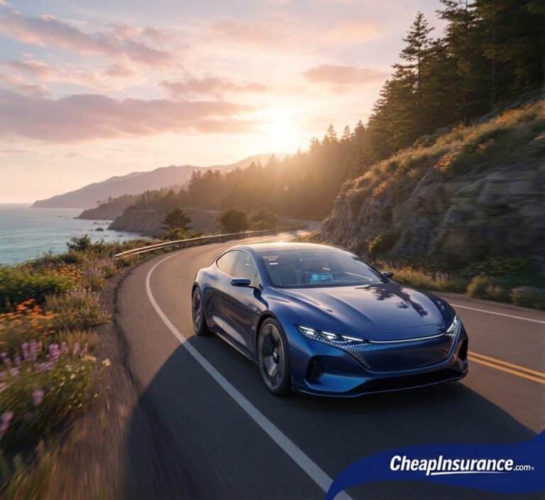 A car drives along a scenic coastal highway at sunset, illustrating a luxury vehicle often associated with specific car insurance rates.