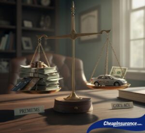 An image of a scale weighing money and a toy car to visualize When to Scale Back Your Car Insurance Policy and how you can save on auto insurance