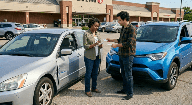 Two drivers exchanging insurance information in a parking lot after a car accident involving side-impact door damage, illustrating a collision insurance claim.