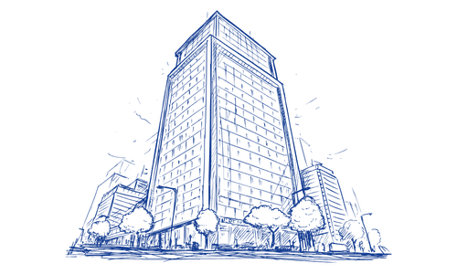 Blue line art illustration of a commercial office building representing affordable business insurance solutions.