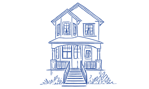Blue sketch of a classic suburban home used to find cheap homeowners insurance rates and coverage.