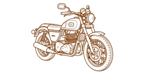 Detailed brown line art of a classic motorcycle for finding affordable motorcycle insurance and accessory coverage.