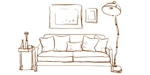 Brown line drawing of a sofa and lamp representing personal property protection and cheap renters insurance.