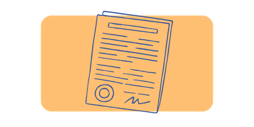 A blue line art illustration of an official SR-22 certificate of financial responsibility on an orange background.