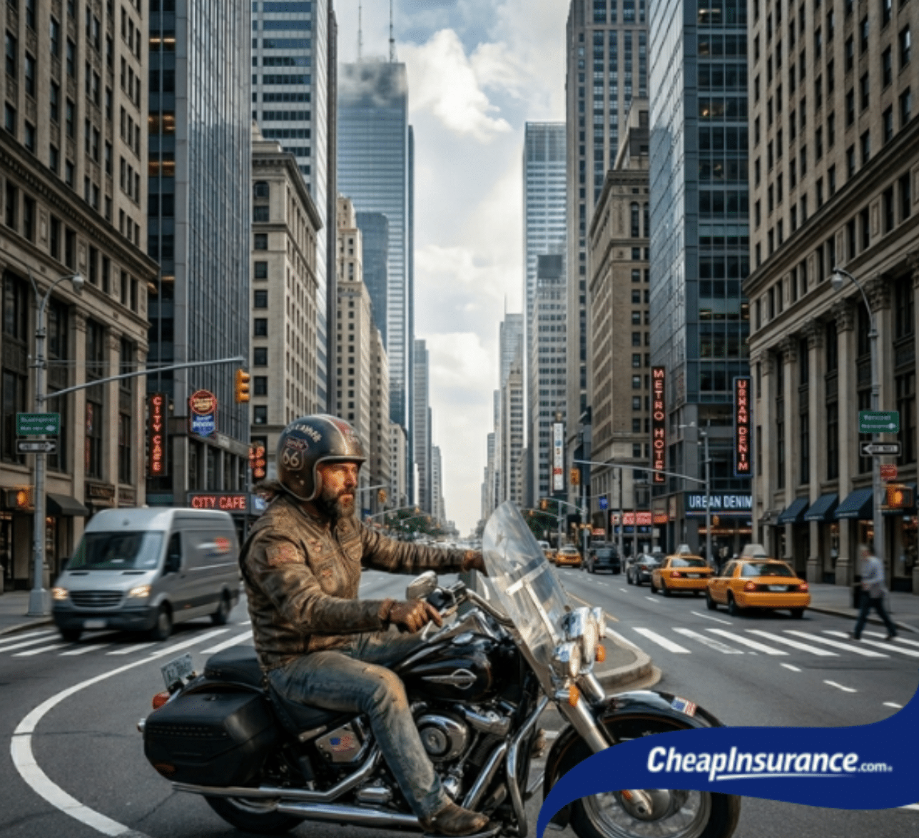 man riding a motorcycle in new york city showcasing how comprehensive coverage handles motorcycle theft claims.