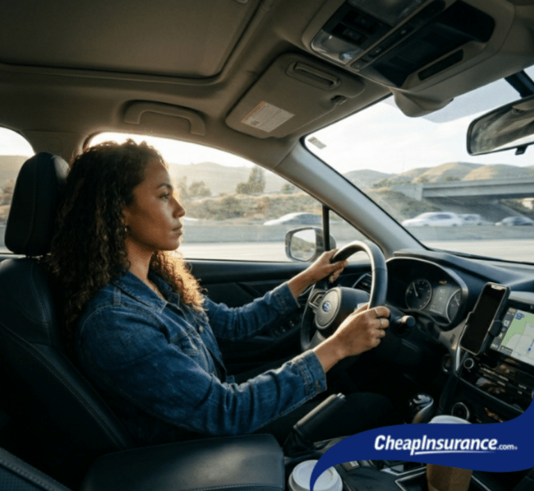 woman driving a car on a busy highway demonstrating the need for cheap car insurance rates