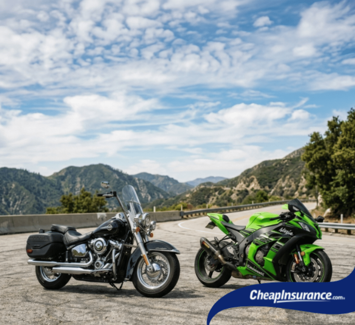 a motorcycle parked next to a cruiser demonstrating the need for motorcycle insurance and explaining the Risk factors affecting cruiser vs sport bike insurance costs.