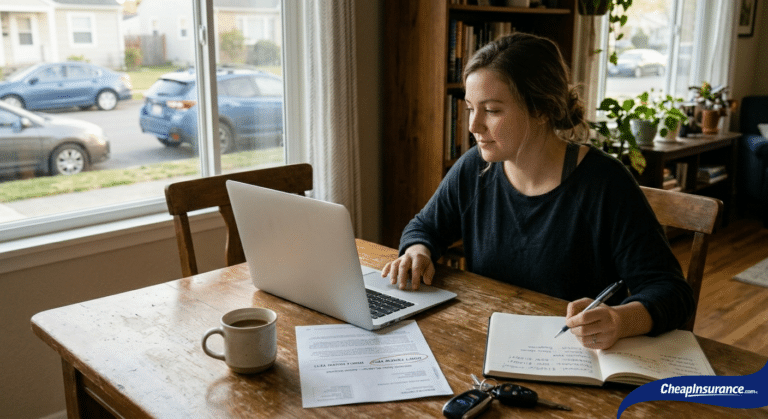 A woman using a laptop and notepad at a wooden table to review and lower her car insurance premiums