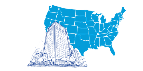 business building over a map of the united states, commercial insurance by state