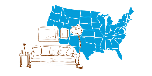 apartment furniture over a map of the united states, renters insurance by state