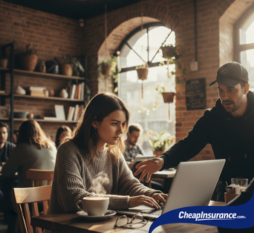 Woman working in a coffee shop on a laptop that is about to be stolen. Renters insurance can help with that.