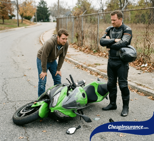 A man that took his friends motorcycle for a spin that crashed his motorcycle highlighting the need for proper motorcycle insurance coverage.